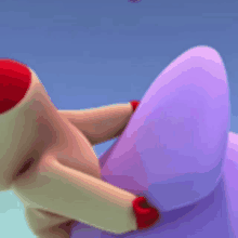 a close up of a cartoon character holding a purple object with red nails .