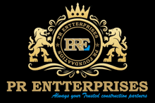 a logo for pr enterprises shows a crown and two lions