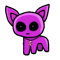 a cartoon drawing of a purple cat with black eyes and a yellow collar