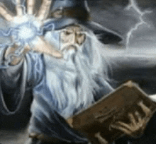 a wizard with a beard is holding a book and a lightning bolt is coming from his hands .