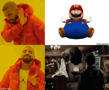 a picture of a man in an orange jacket next to a picture of mario and a picture of the exorcist