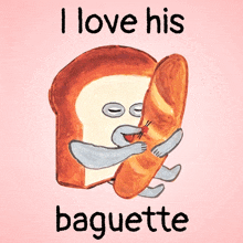 a drawing of a slice of bread hugging a loaf of baguette