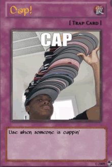 a card that says cap on it with a picture of a man holding a stack of hats