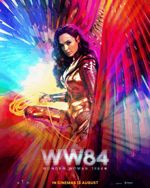 a movie poster for wonder woman 1984 shows a woman in a golden suit