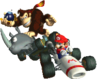 donkey kong is holding a bomb while mario is driving a kart