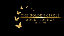 a logo for the golden circle adult lounge with gold butterflies