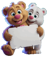 two teddy bears are holding a white sign together