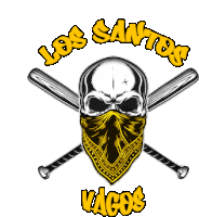 a skull wearing a bandana and crossed bats says los santos