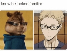 a chipmunk wearing glasses is next to a man wearing glasses .