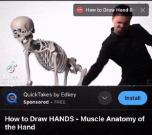 a man is standing next to a skeleton on a tiktok video about how to draw hands