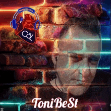 a poster for toni best shows a man wearing headphones and a neon heart