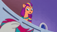 a cartoon pony with a rainbow mane and a blue collar