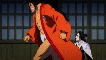 a cartoon of a man in an orange robe running with a woman behind him