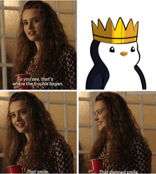 a cartoon of a penguin wearing a crown is next to a woman holding a cup