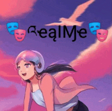 a girl wearing a helmet and headphones is standing in front of a realme logo .