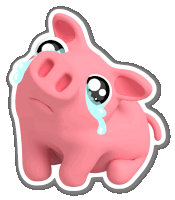 a sticker of a pink pig crying with tears coming out of its eyes