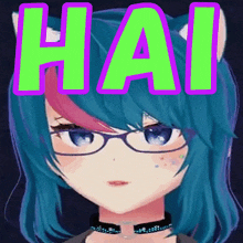 a blue haired anime girl with glasses and the word hai above her head