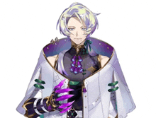 a man with purple hair is wearing a white cape and holding a purple claw .