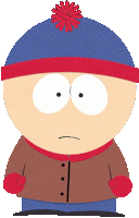 stanley from south park is wearing a blue hat and red mittens