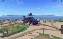 a purple helicopter is flying over a tropical island