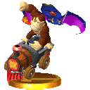 donkey kong is riding a train with a parachute on his back .