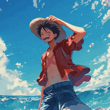 a man wearing a straw hat is standing in front of the ocean