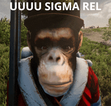 a picture of a chimpanzee holding a gun with the words uuuu sigma rel above it