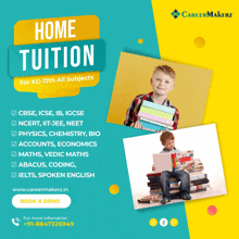 a flyer for home tuition for kg-12th all subjects