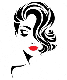 a black and white silhouette of a woman 's face with red lips and long hair .