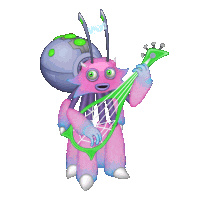 a pink and purple cartoon character playing a guitar