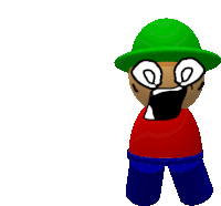 a cartoon character wearing a green hat and red shirt