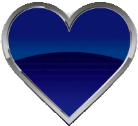 a blue heart with a silver border is against a white background