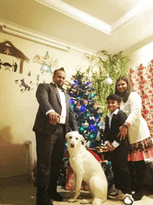 a family posing for a picture in front of a christmas tree