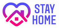 a sticker that says " stay home " with a heart and a house