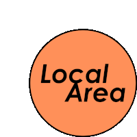 an orange circle with the words local area in black letters