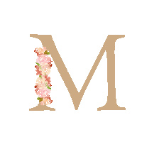 the letter m is decorated with pink flowers and green leaves