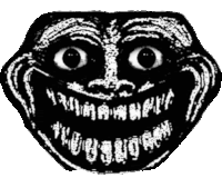 a black and white drawing of a troll face with big teeth and a smile .