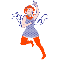 a woman in a polka dot dress is jumping in the air with music notes around her