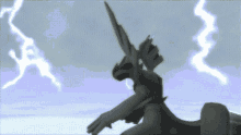 a computer generated image of a statue with lightning strikes behind it