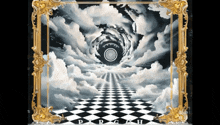 a painting of clouds and a checkered floor with the word perch on it