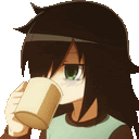 a girl with long black hair is drinking from a mug .