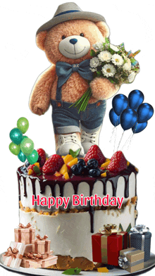 a teddy bear holding flowers stands on top of a cake that says happy birthday