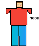 a pixel art drawing of a man in a red shirt and blue pants with the word noob .