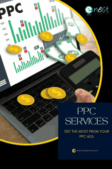 a person is holding a calculator in front of a laptop that says ppc services on it