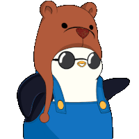 a cartoon bear wearing a penguin hat and overalls says woo hoo