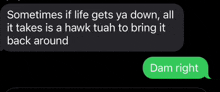 a text message that says " sometimes if life gets ya down all it takes is a hawk tuan to bring it back around "