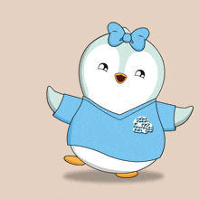 a cartoon penguin wearing a blue shirt with a brain on it