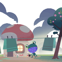 a frog is standing in front of a mushroom house with clothes hanging on a line