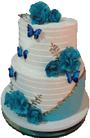 a white cake with blue butterflies and blue roses