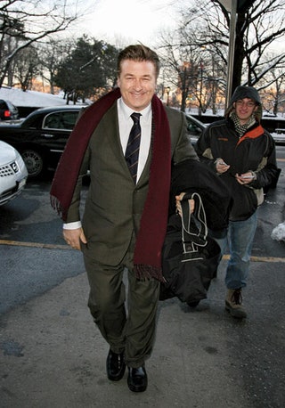 Image may contain Alec Baldwin Tie Accessories Accessory Human Person Clothing Apparel Coat Jacket Blazer and Car